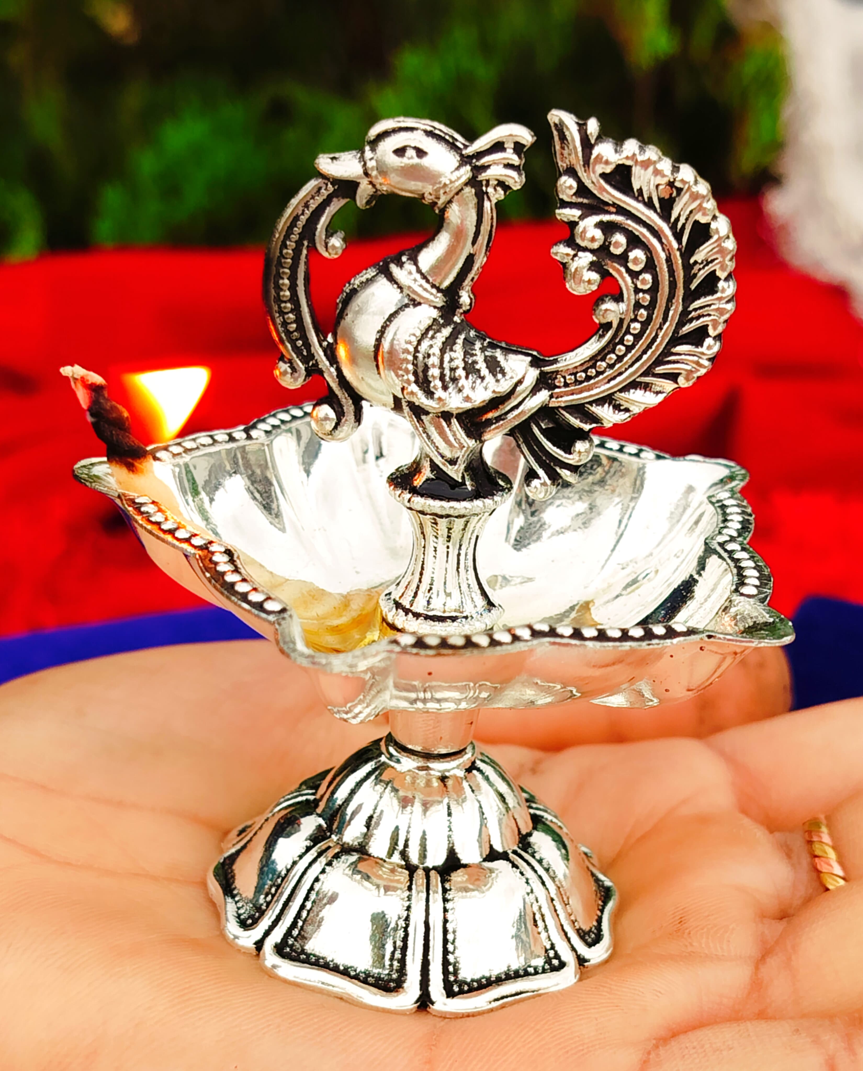 Antique German Silver Daily use panchmukhi Peacock Diya, Set of 2 Pieces